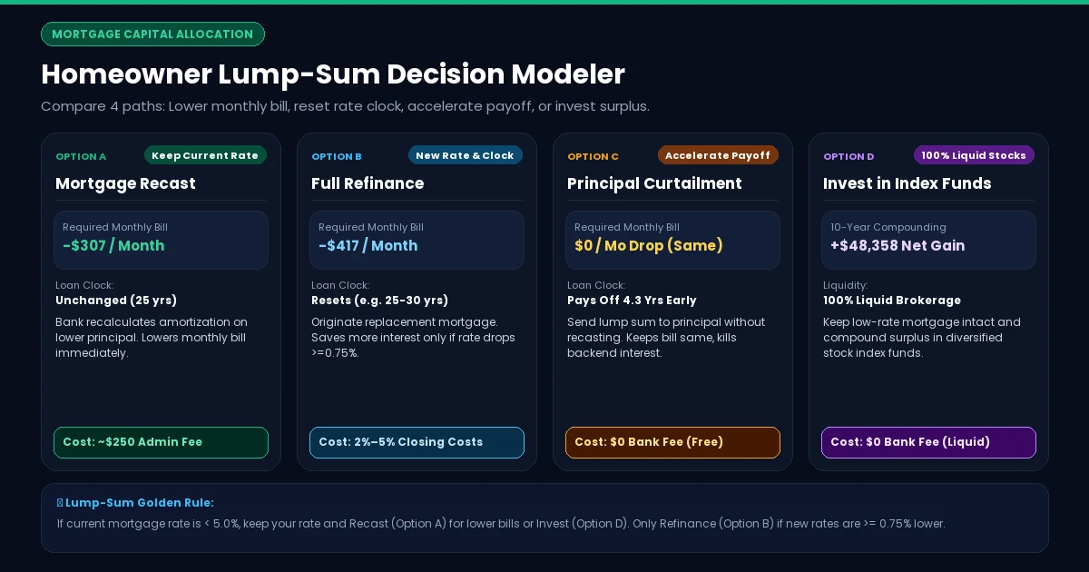 Mortgage Recast vs Refinance vs Investing Calculator