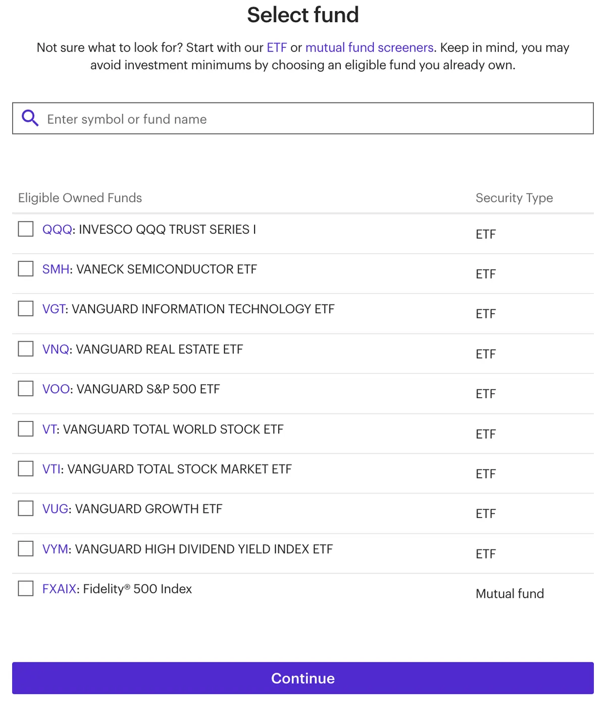 E*TRADE Select Fund modal with ETF and Mutual Fund options