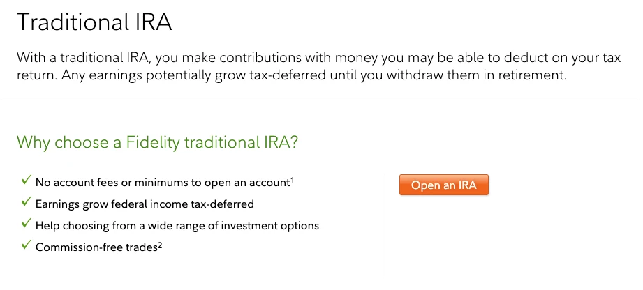 A webpage promoting traditional IRA accounts, highlighting benefits such as no fees, tax-deferred earnings, investment options, and commission-free trades. There is an orange button labeled 'Open an IRA.'