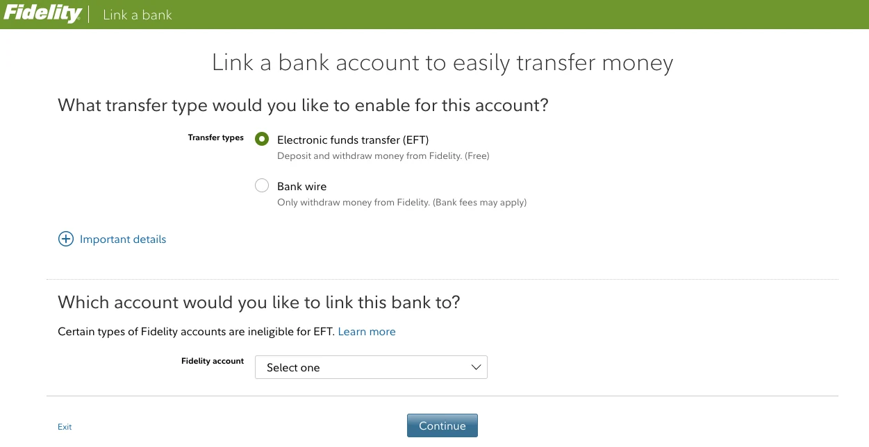Fidelity online banking page for linking a bank account, with options to select transfer type and account for linking.