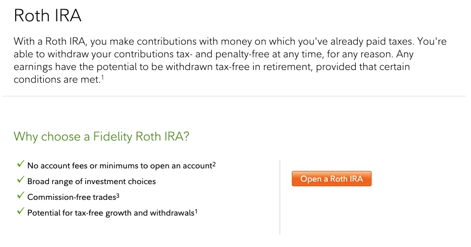 Screenshot advertising Roth IRA benefits with a green heading, checkmarks for key points, and an orange button labeled "Open a Roth IRA."