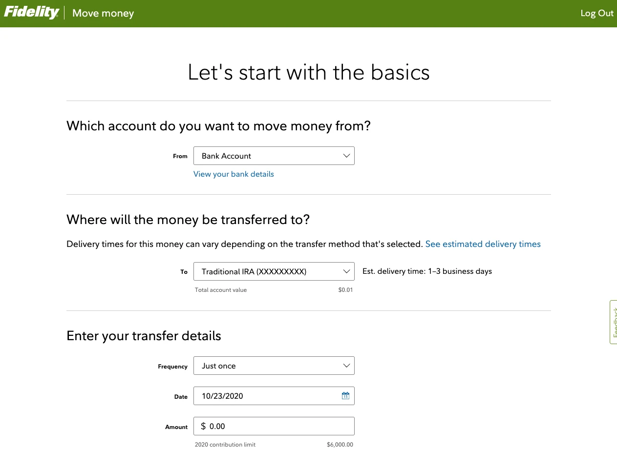 Screenshot of Fidelity online banking transfer page with options to move money from a bank account to a traditional IRA, including fields for account selection, destination, transfer details, date, and amount.