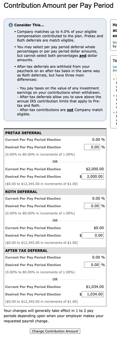 A web page explaining contribution amounts per pay period for PRETAX DEFERRAL, ROTH DEFERRAL, and AFTER TAX DEFERRAL, including current and desired election percentages and dollar amounts, with a button to change contribution amount.