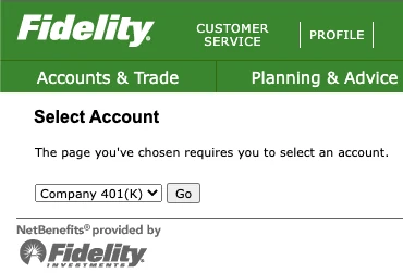 Fidelity online account selection page with dropdown menu for 'Company 401(K)' and a 'Go' button.