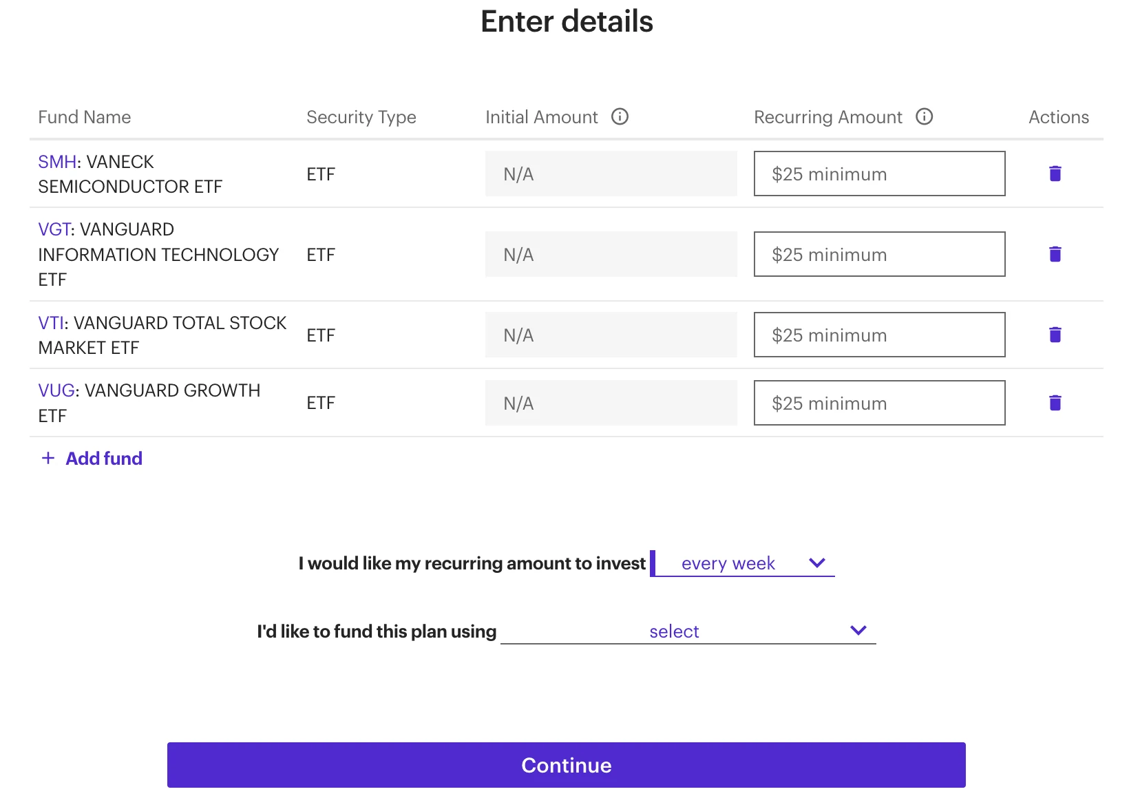 E*TRADE recurring investment details form with amount, frequency, and funding source