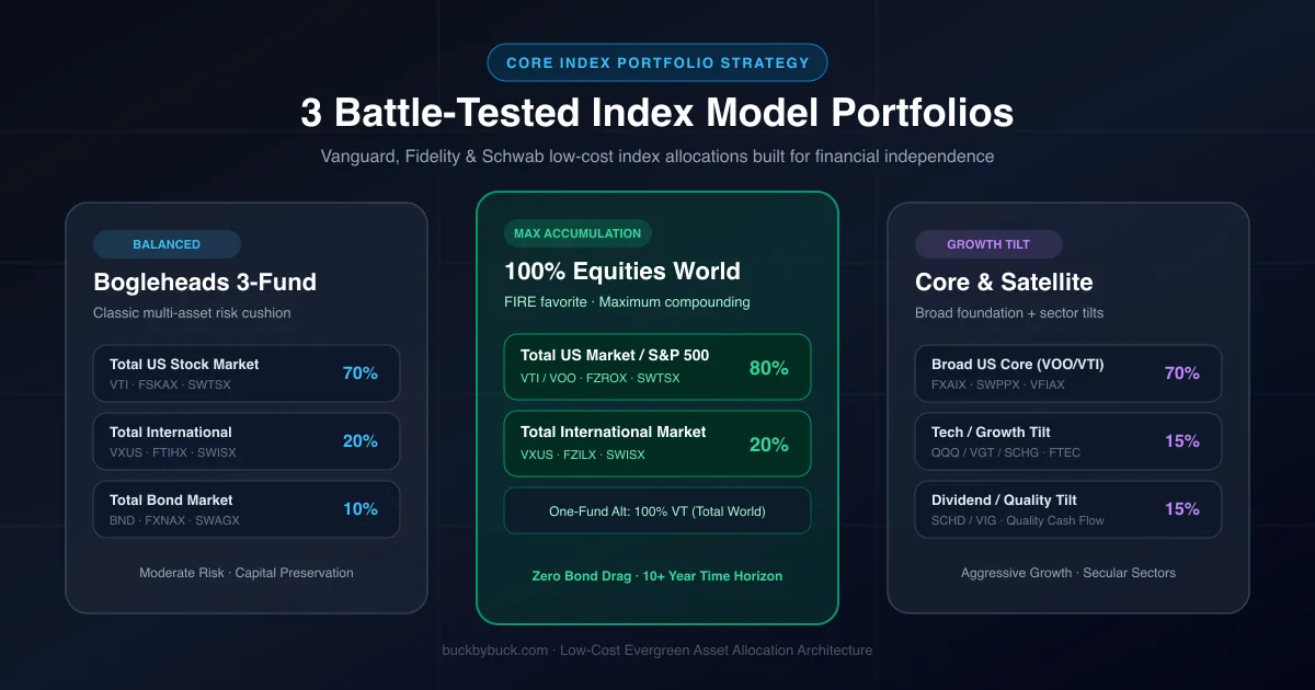 Visual asset allocation architecture comparing the Bogleheads 3-Fund portfolio, 100% Equities All-World portfolio, and Core and Satellite growth tilt strategy.