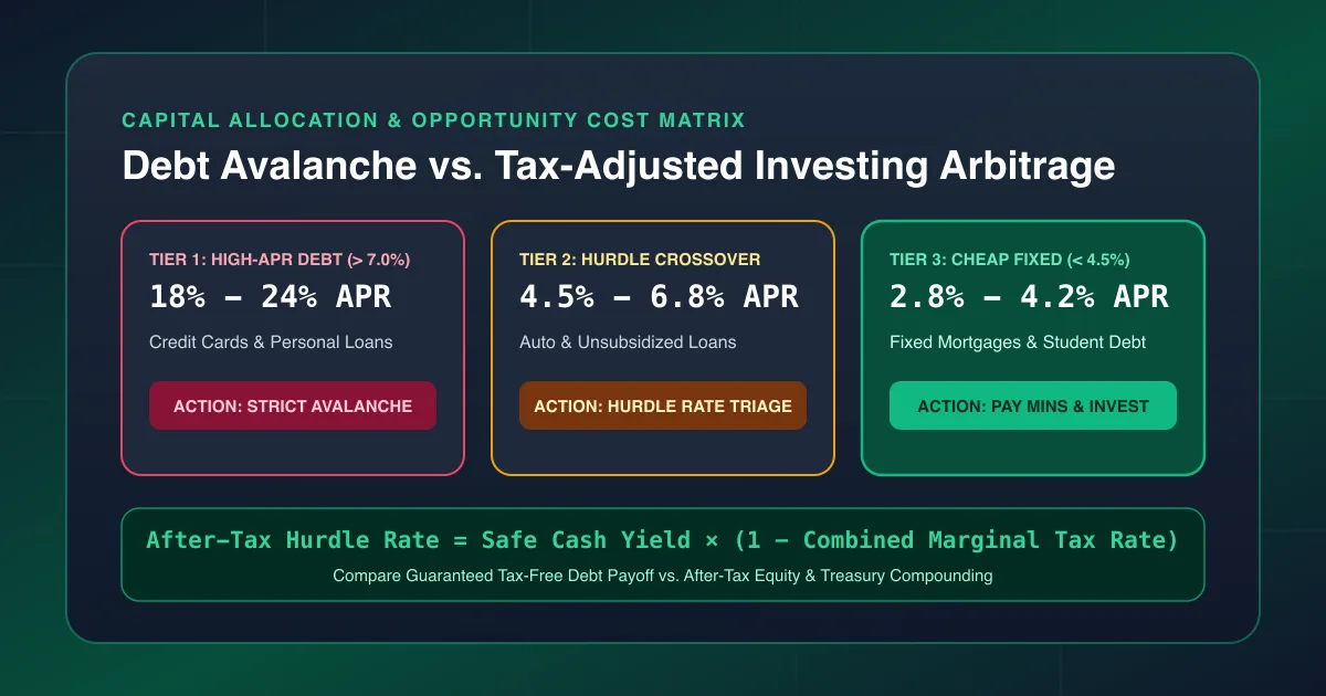 Debt Avalanche vs. Tax-Adjusted Investing Arbitrage 3-Tier APR Triage Matrix comparing high-APR credit cards, hurdle crossover loans, and cheap fixed-rate mortgages