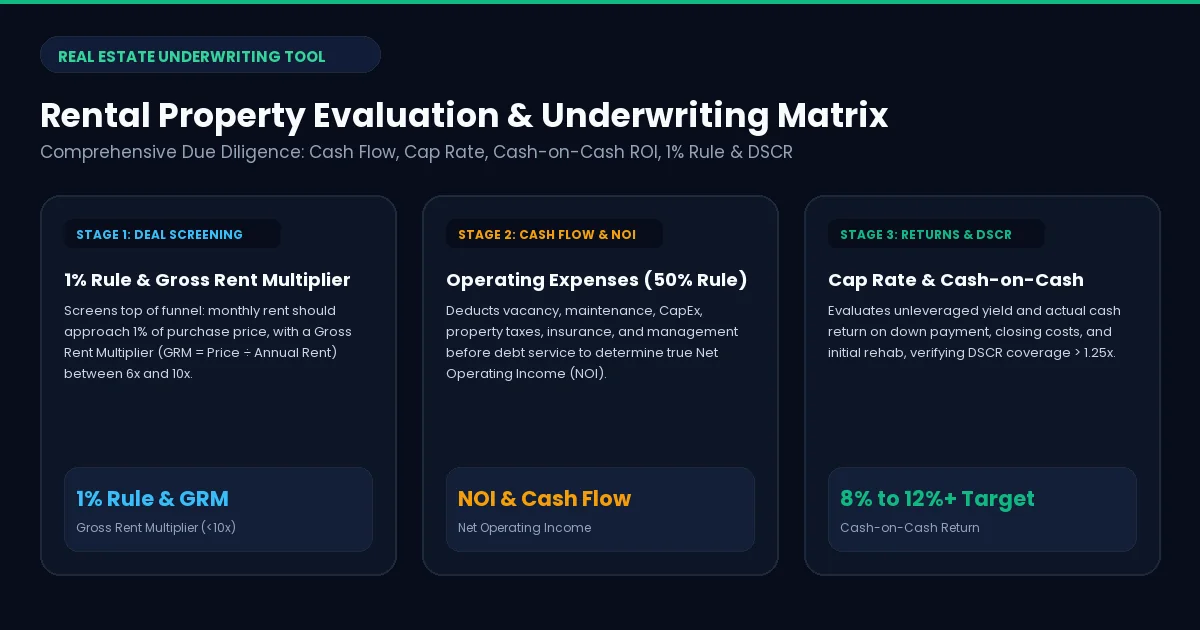 Rental Property Evaluation and Underwriting Architecture Matrix showing cash flow formulas, cap rates, cash-on-cash ROI, and 1% rule guidelines